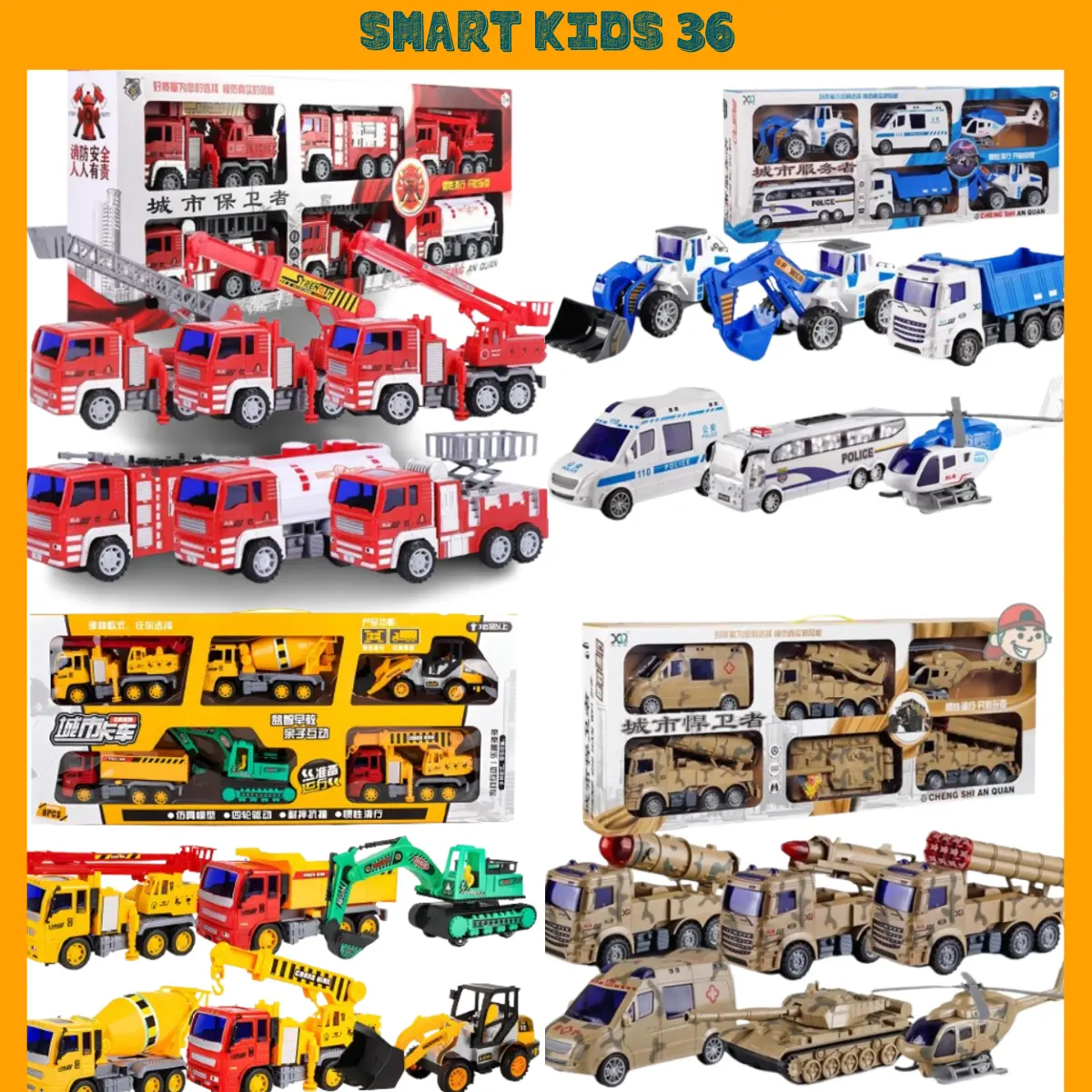 Bộ 6  Ô Tô Đồ Chơi công trình xây dựng,  cứu hỏa,  quân sự,  cảnh sát Chạy Đà Siêu To Toy   công set xe quansu