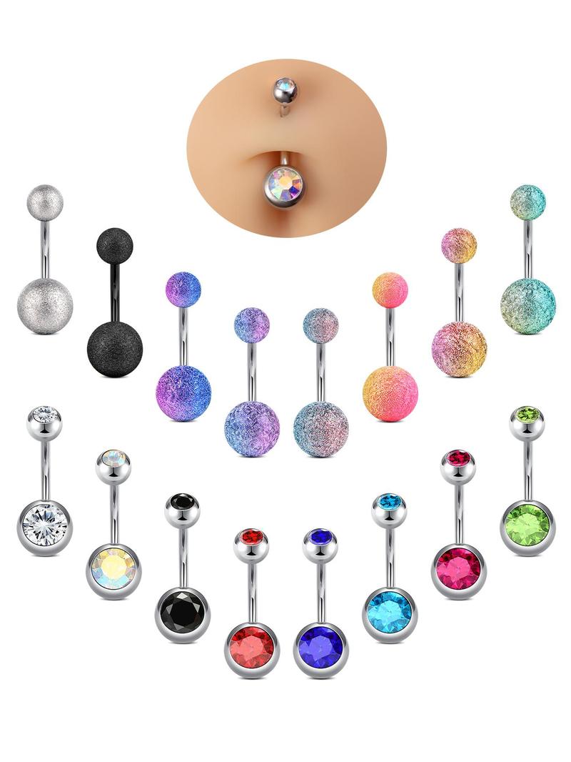 Product Introduction of Mixed Color Artificial Zircon Decor Navel Ring, 16pcs/set Colorful Belly Button Rings, Stainless Steel Navel Piercing Jewelry, Fashion Body Jewelry for Women & Men 0