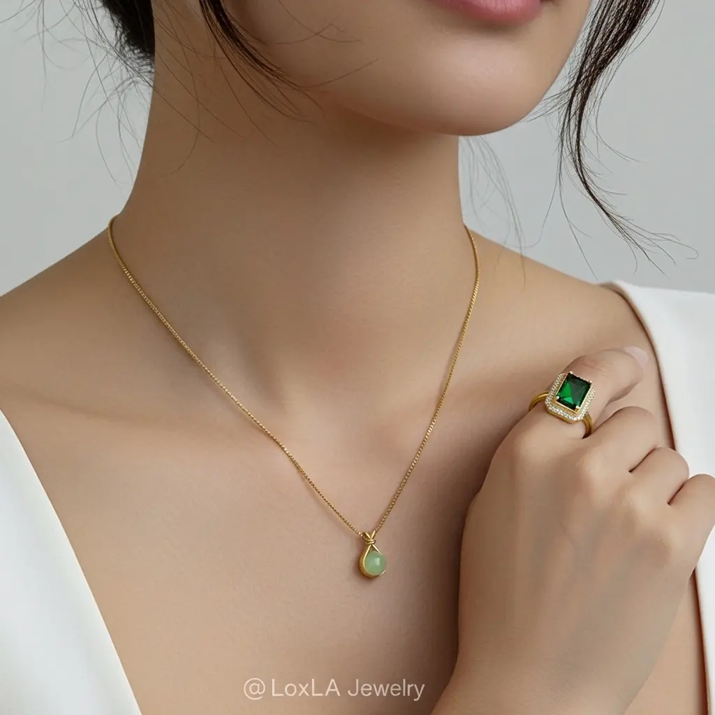 Set Perhiasan Wanita Kalung Giok Hijau Itali Cincin Batu Hijau Besar Elegan Mewah Loxla