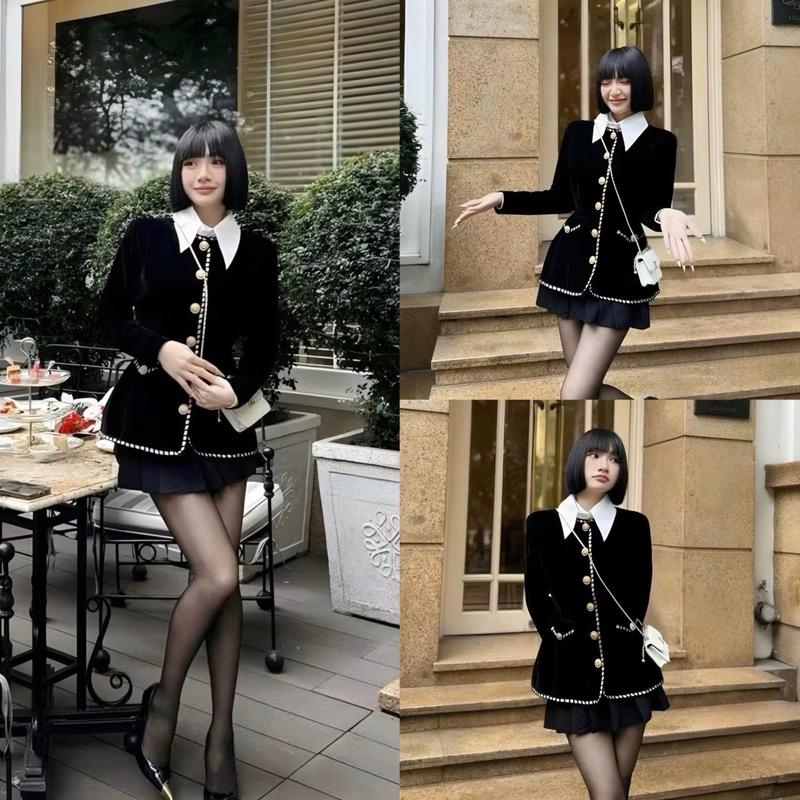 Set Bộ Đồ Nữ 3 Món Áo Nhung Viền Phối Cổ Sơ Mi Rời Mix Chân Váy Ly Có Lót Trong Sang Chảnh Mặc Lễ Tết - Hoàng Linh Clothing SB 150