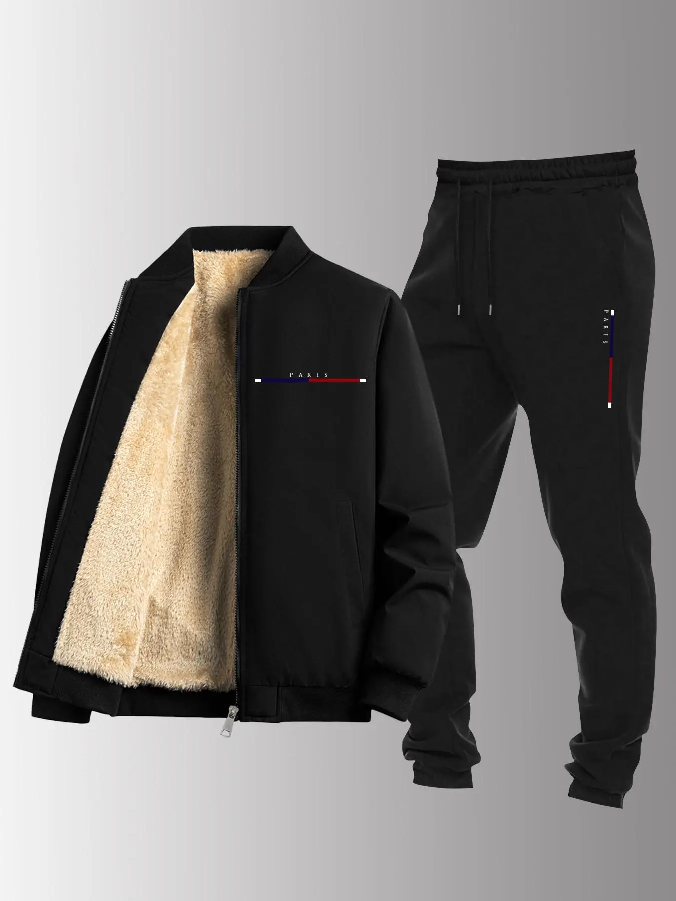 Men's Plush Lined Letter Print Zip Up Pocket Jacket & Drawstring Waist Sweatpants Two-Piece Set, Regular Fit Casual Comfy Thermal Warm Long Sleeve Baseball Collar Outerwear & Pocket Jogger Pants for Fall & Winter