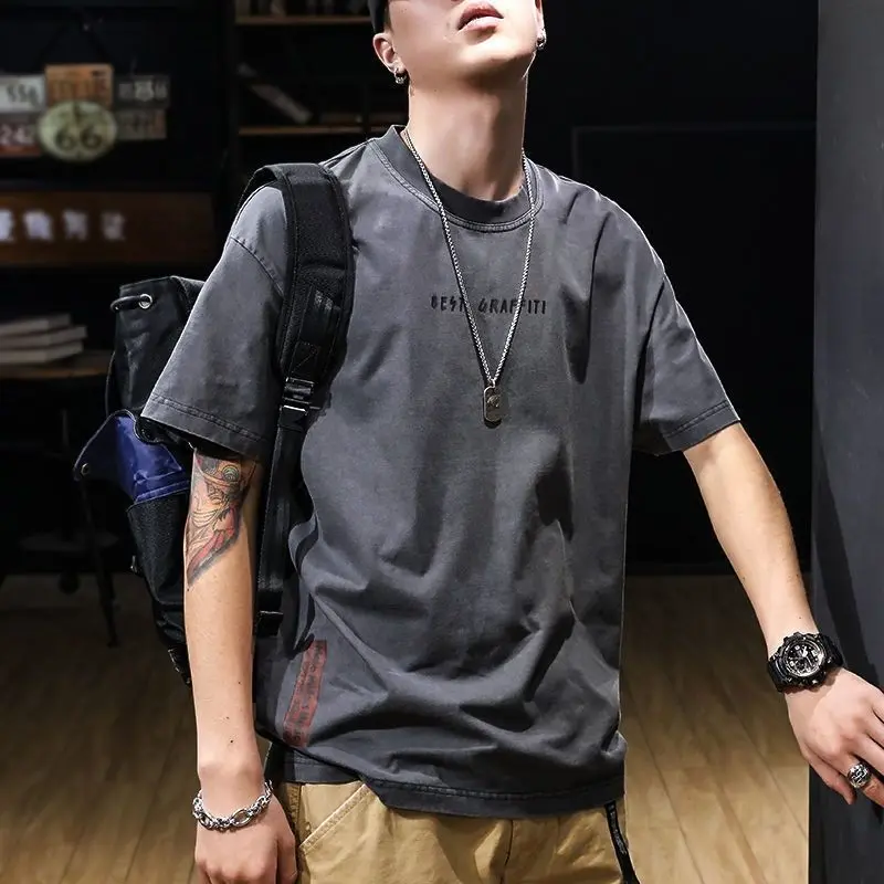 Áo Thun Cotton ngắn Tay Phong Cách Cổ Điển Mỹ Áo Thun Nam Ngoại Cỡ Dáng Rộng Mùa Hè Thương Hiệu Thời Trang Béo Ngoại Cỡ Tay Lửng Cổ Thuyền Áo Thun， Menswear， Cổ Tròn
