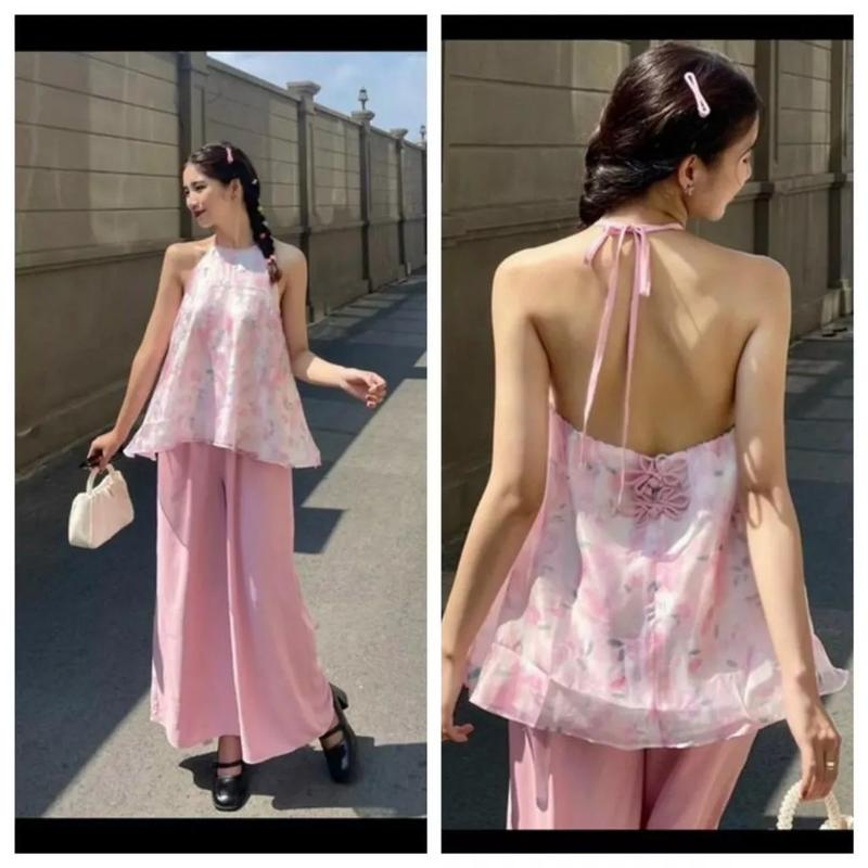 SÉT BỘ THỜI TRANG ÁO CỔ YẾM HỞ LƯNG QUẦN DÀI LỤA SIÊU QUYẾN RŨ ĐIỆU ĐÀ Top Nữ Women Xanh