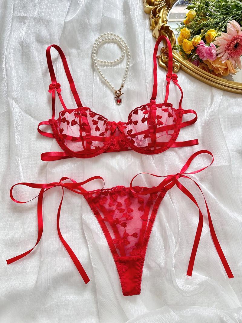 Product Introduction of Wind romantic love embroidery sexy perspective mesh with steel ring underwear for women 12