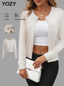 YOZY Women's Plain Button Front Cardigan, Casual Long Sleeve Round Neck Knitwear for Spring & Fall, Fashion Women's Knit Clothing for Daily Wear
