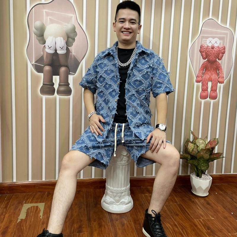 Bộ Quần Áo nam sơ mi cổ đức vải bò mềm hoạ tiết ngôi sao xanh đồ bộ nam cộc tay quần short nam áo sơ mi
