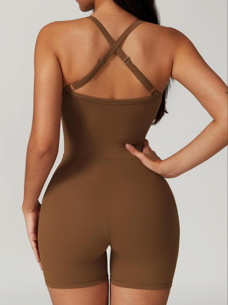 Product Introduction of Sporty Women's Criss Cross Pocket Sports Romper, Sport Chest Padded Quick Drying Tank Romper, Ladies Summer Sportswear, Tummy Control, Activewear 11