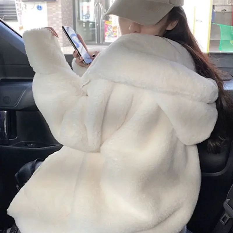 Áo khoác lông thỏ unisex MÀU TRƠN CÓ MŨ siêu rộng thiết kế phong cách Hàn Quốc 3