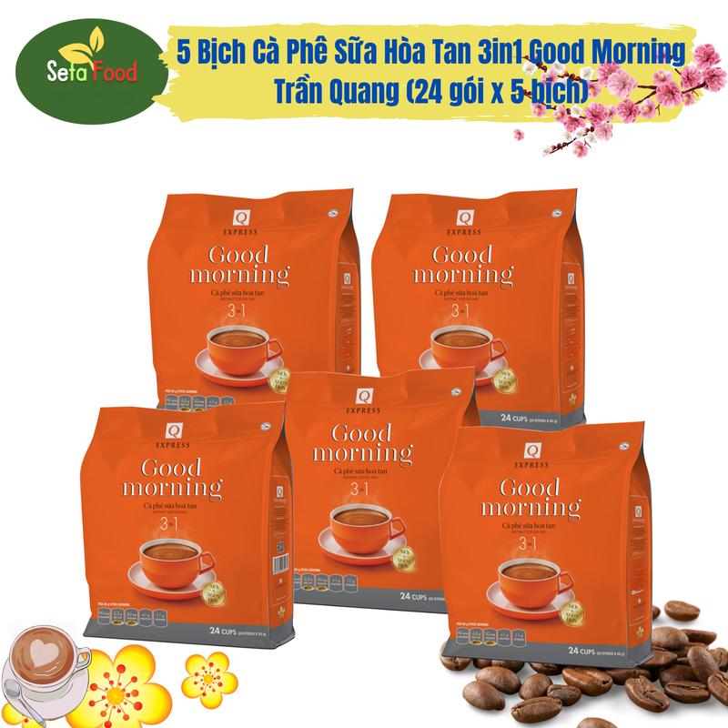 [Combo tươi tỉnh] Cà phê sữa hoà tan 3 trong 1 Good Morning Trần Quang (24 gói x 5 bịch) - 5 bịch x 24 gói - Cafe, Coffee - Tết Bột Vị Chua