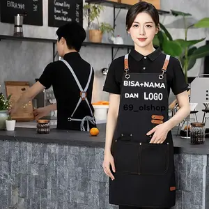 BISA + NAMA Dan LOGO Apron Masak Celemek Dapur Korean Style Pria Wanita Apron Barista