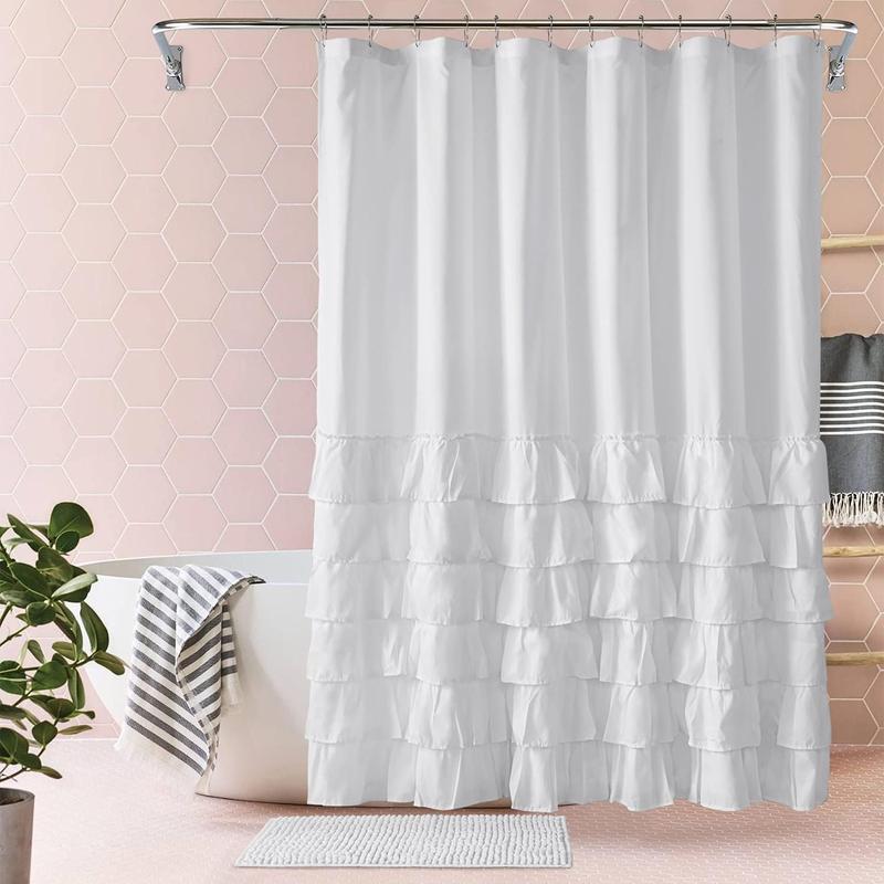 Product Introduction of Ruffle Trim Bathroom Curtain, 1 Count Solid Color Bathroom Decorative Curtain with Hooks, Bathroom Accessories, Home Decor Supplies for Bathroom 5