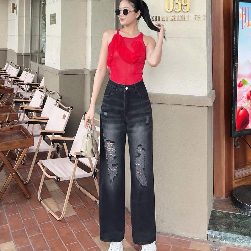 (SUÔNG 9 TẤT NẤM LÙN 92CM) QUẦN JEANS SUÔNG NỮ, QUẦN BÒ SUÔNG RÁCH THỜI TRANG, CHÂT MỀM MỊN, HÀNG QCCC MS 05 Women Pants Ong 0