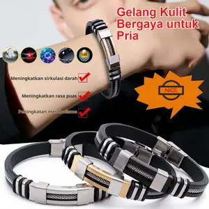 (STOCK) Gelang Kulit Pria Modis/Perhiasan Baja Titanium Punk/Gelang kulit maskulin magnetik/Black Punk Ti Men bracelet, gold jewelry, fashion, steel exaggerated bracelet