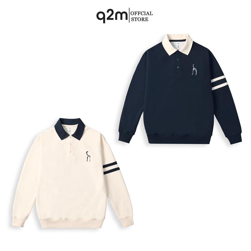 Áo Nỉ có cổ Nam thương hiệu q2m , Hai Màu Phối Hoạ Tiết thêu Ngựa đơn giản mã AN.13