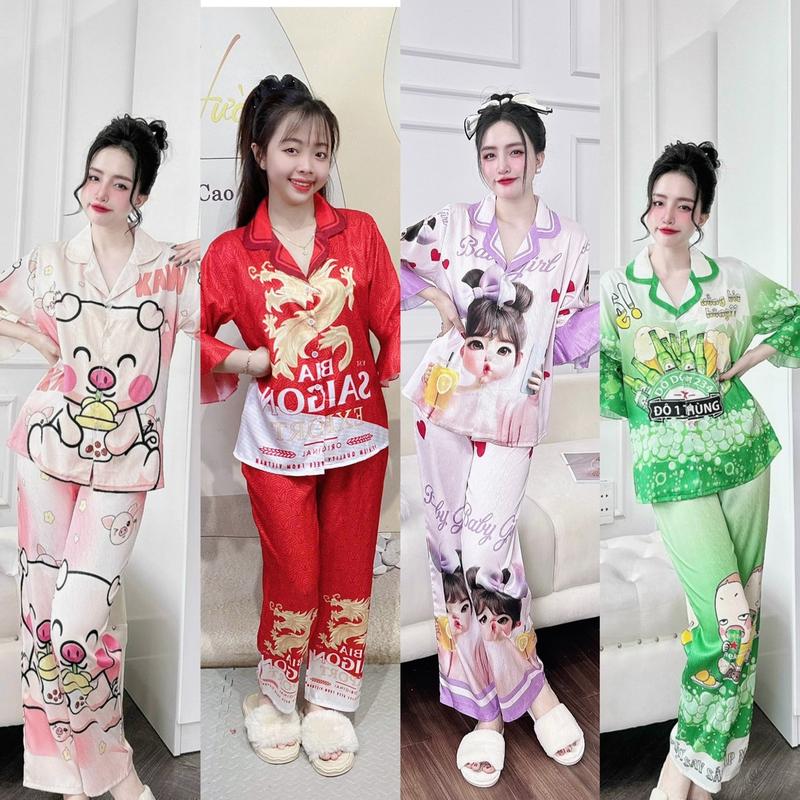 (Đồ Bộ Tết) Có Bigsize 14 Màu Xinh Đồ Bộ Cho Nữ, Chất liệu Lụa Xước Mềm, Tay Loe Đính Nơ, In Hình Dễ Thương, Đồ Bộ Cẩm Hường Women Kem Áo Quần Ngủ