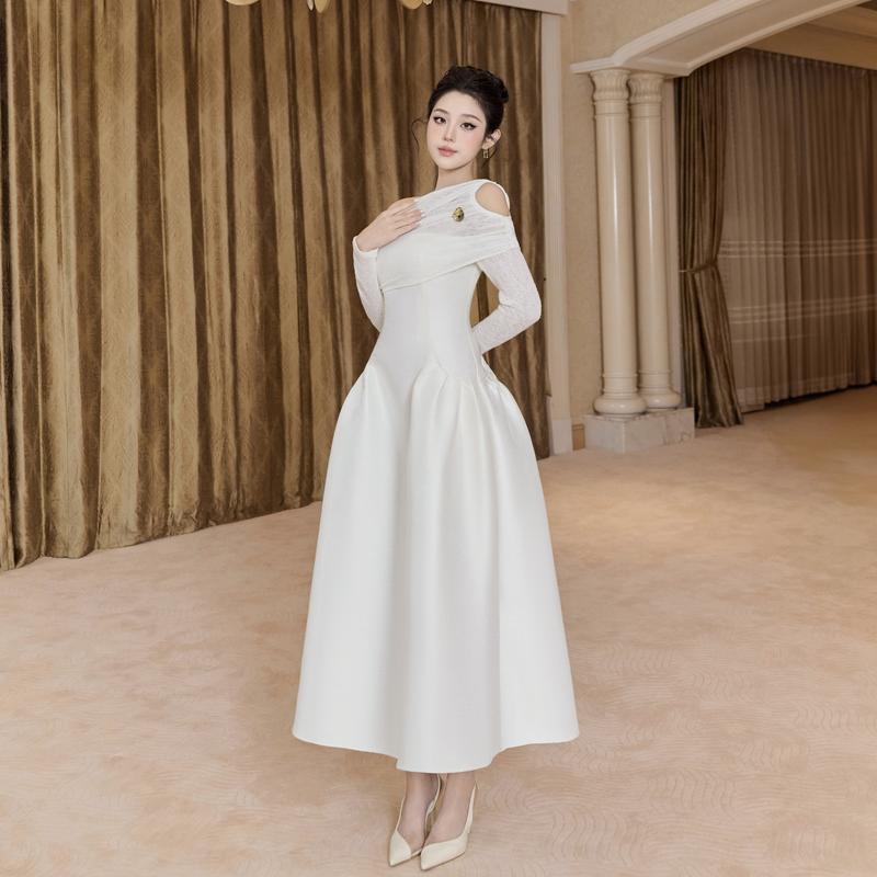 SOLEIL - Váy Đầm Yoon Dress Thiết Kế Nữ Chéo Khoét Vai Chiết Eo Dài Tay Dáng Bồng Tăm Hoa Phối Taffeta Tiểu Thư Sang Trọng Đi Tiệc Đi Chơi Thường Ngày Women VD83 1