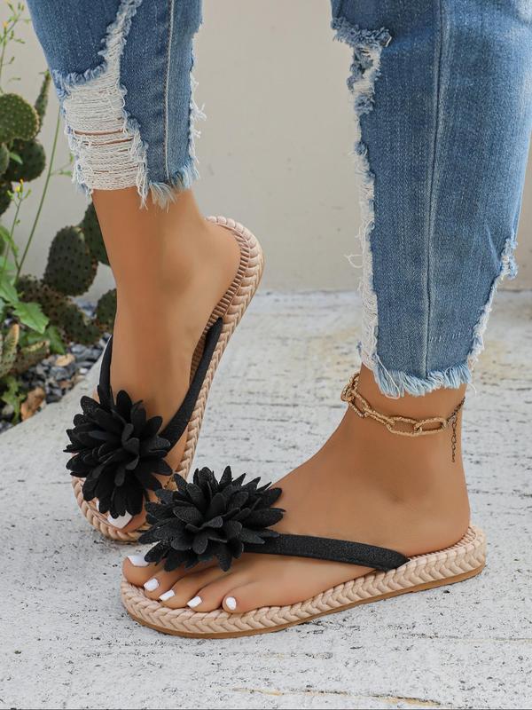 Women's Flower Decorated Flip Flops Slippers, Casual Comfortable Flat Sandals for Beach, Fashionable Barefoot Shoes for Indoor & Outdoor Wear 4