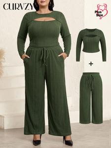 CURVZY Plus Size Two-piece Set Solid Cut Out Round Neck Crop Ribbed Top & Pocket Elastic Waist Pants, Casual Fashion Cozy Breathable Outfits for Daily Outdoor Wear, Women Clothing for All Seasons