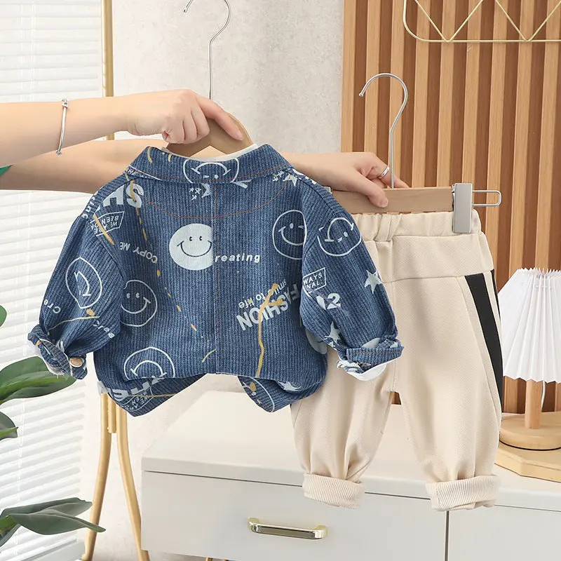 [345331] - Setelan 3 in 1 Kemeja Kaos Celana Panjang Jogger Anak Laki-Laki - Motif Wink Smile 3