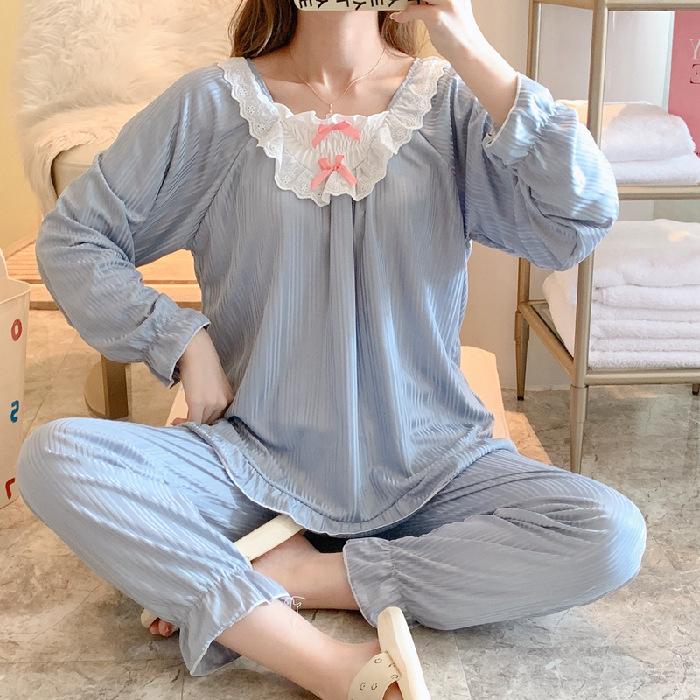 [MIS3131] Oneset Baju Tidur Piyama Wanita Lengan Panjang Celana Panjang Motif Polos Atasan Renda Setelan 3