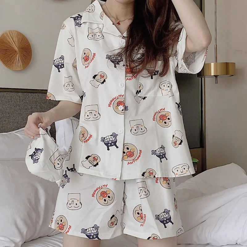Pajamas Women's Summer Cotton Short-sleeved Shorts suit Korean-style Ins Sweet Cute Students Summer Thin Home Clothes