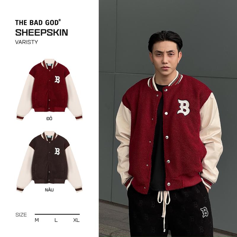 Áo Varsity Boxy Jacket Nam THE BAD GOD SHEEPSKIN Menswear Nâu