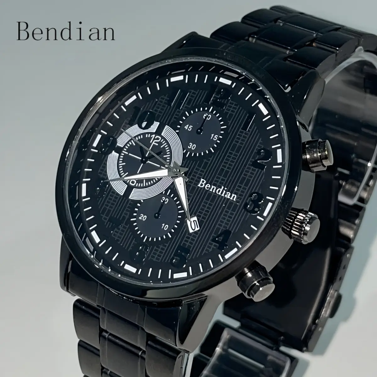 Bendian Watch for Men Waterproof Black Stainless Steel Quartz with Automatic Calendar Men's Watch Gift stainless watch