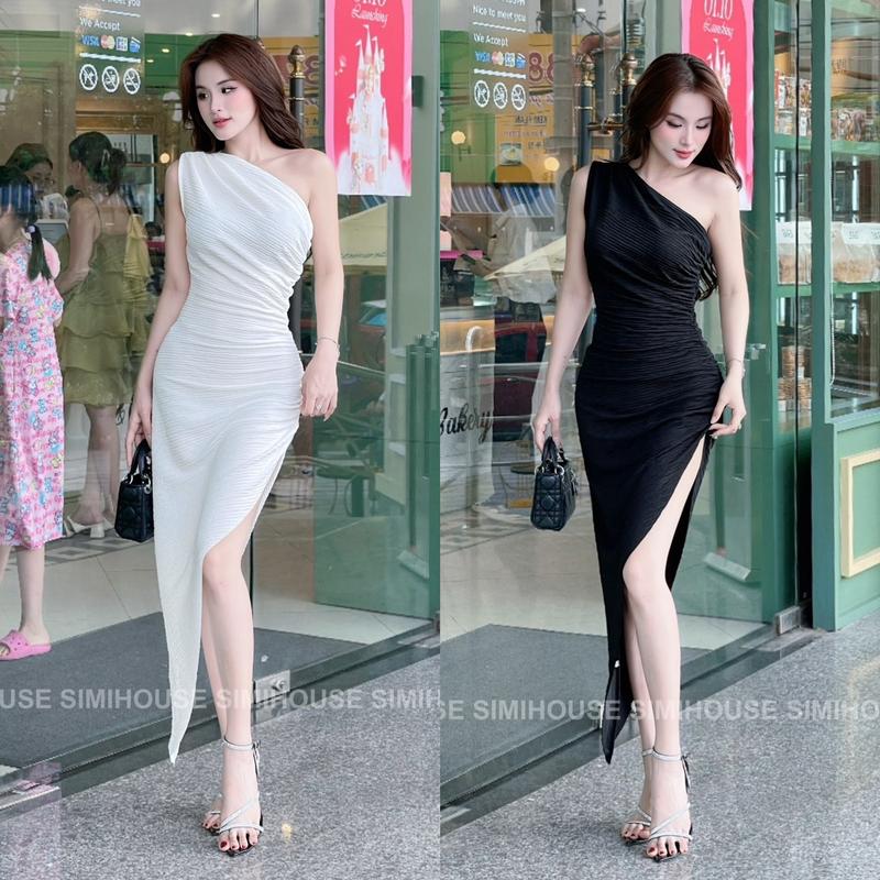 Đầm body Thun nhật cổ chéo nhún tà - Mullet dress Women Nữ
