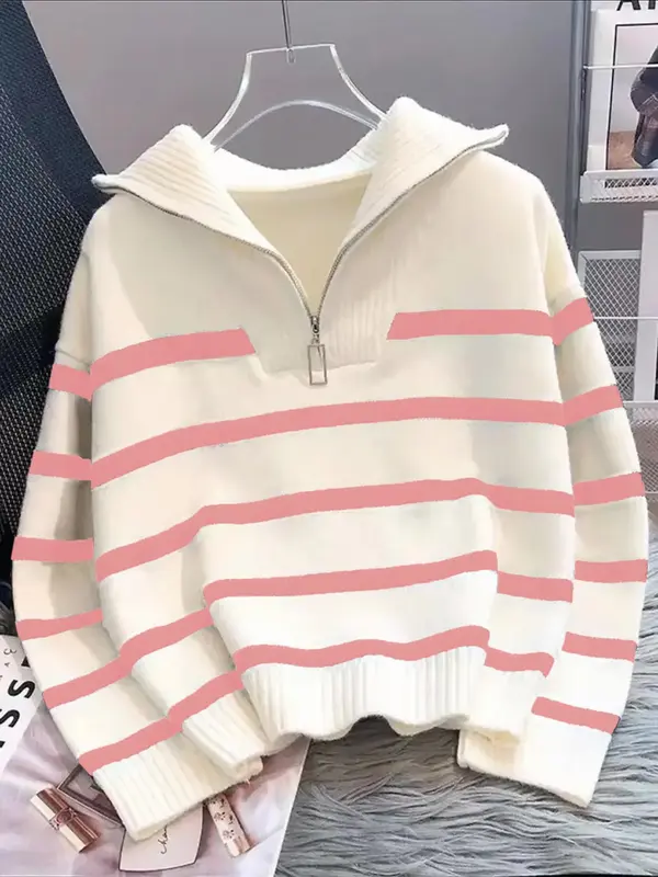 Women's Striped Print Zipper Drop Shoulder Sweater, Casual Pastel Long Sleeve Collared Mam Jumper Striped Sweater for Daily Wear, Women's Knitwear Top for Fall & Winter, Go Out Tops, Trending Clothing Women 7