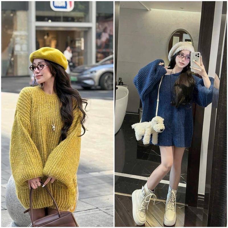  BB áo len trơn cổ tròn dáng xuông basic form rộng chất len dày dặn chuẩn QC 