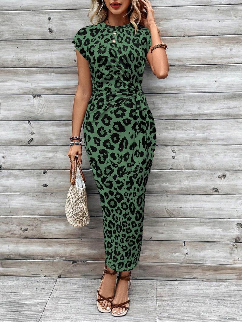 Product Introduction of Women's Leopard Print Knot Bodycon Dress, Elegant Butterfly Sleeve Round Neck Long Dress for Party Holiday Wedding Guest, Ladies Summer Clothes, Modest Dresses, Tall Clothing Women, Summer Dresses 2025 Womenswear Comfort Gamis Chic Crewneck Skinny 3