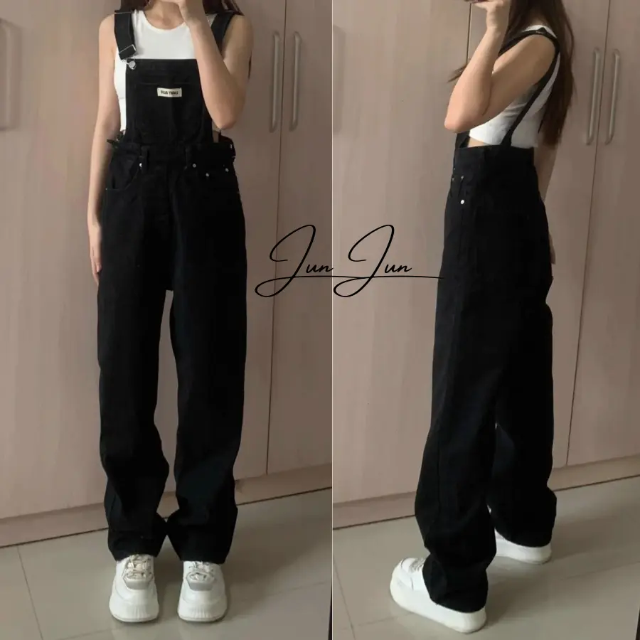 [Hàng chuẩn loại 1] Quần yếm jeans dài trơn ống rộng màu đen basic thêu logo siêu phẩm Hàn Quốc cao cấp, năng động