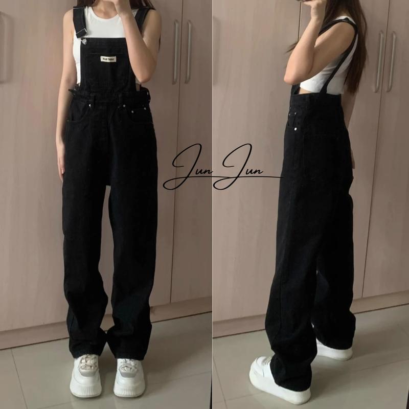 Hàng chuẩn loại 1 Quần yếm jeans dài trơn ống rộng màu đen basic thêu logo siêu phẩm Hàn Quốc cao cấp năng động
