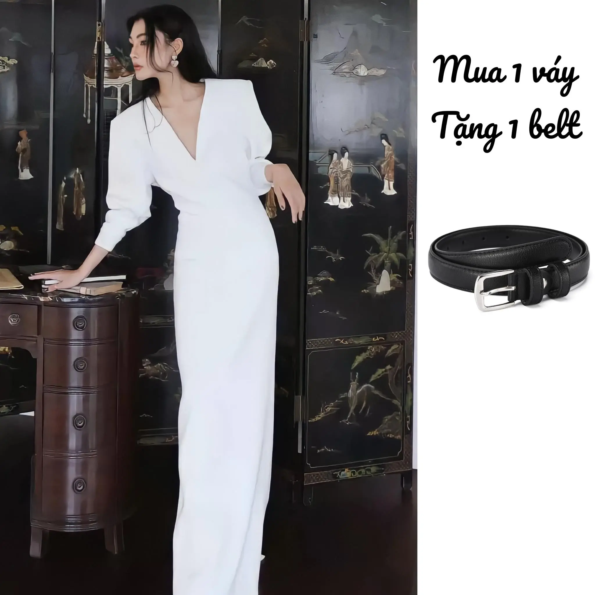 Váy Đôn Vai Cổ V Dáng Dài Xẻ Sau [Mua 1 váy tặng 1 belt] - Eclipse Clothing