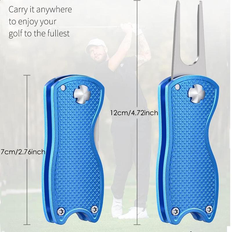 Product Introduction of Golf Divot Repair Tool, 2 Counts Foldable Metal Green Tool with Magnetic Putt Alignment Ball Marker, Pop-up Fork Tine with Sturdy Aluminum Alloy Handle, Professional Golf Accessories 1