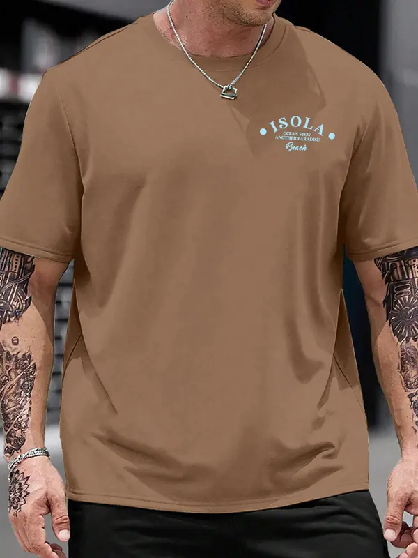 Unisex Regular Fit Landscape Print Round Neck Tee, Coconut Tree Print Crew Neck T-shirt for Unisex, Street Fashion Casual Comfy Knitting Top for Summer, Menswear 5