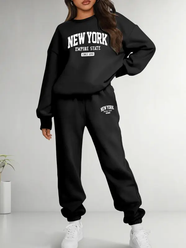 Two-Piece Set Women's Letter Print Sweatshirt & Pocket Sweatpants Set, Casual Fashion Cozy Round Neck Long Sleeve Pullover & Jogger Pants for Daily Wear, Ladies Two-piece for All Seasons, Clothes, Womenswear 6