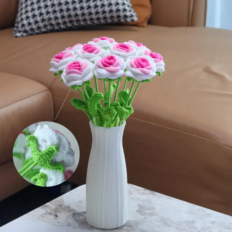Gradual Change Crochet Rose, 3/6/10pcs Handmade Crochet Rose with Stem, Artificial Flower for Wedding Bridal Bouquet, Home Decor, Valentine's Day Gift Idea 6