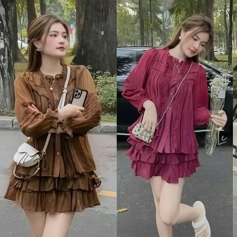 Set Bộ Đồ Nữ Babydoll Tơ Nhăn Áo Tay Dài Bèo Ren Mix Quần Đùi Xòe Tầng (Có lớp Lót) Mới Nhất Đẹp