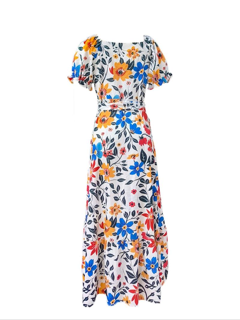 Product Introduction of Women's  Floral Print Belted  Dress, Boho Fashion Casual Flounce Sleeve Dress for Daily Holiday Vacation Wear, Ladies Dress for Summer 4