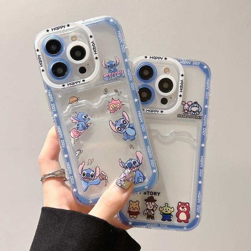 Product Introduction of Cartoon Lovely Stitch Winnie Toy Story Mobile Phone Case with Card Bag For iPhone 15 Pro Max 14 Pro Max 14 15 Plus 13 Pro Max Soft Phone Back Cover for iPhone 12 Pro Max 11 Pro Max XR XS Max 7 8 Plus Back Shell​​​​​​​ 17