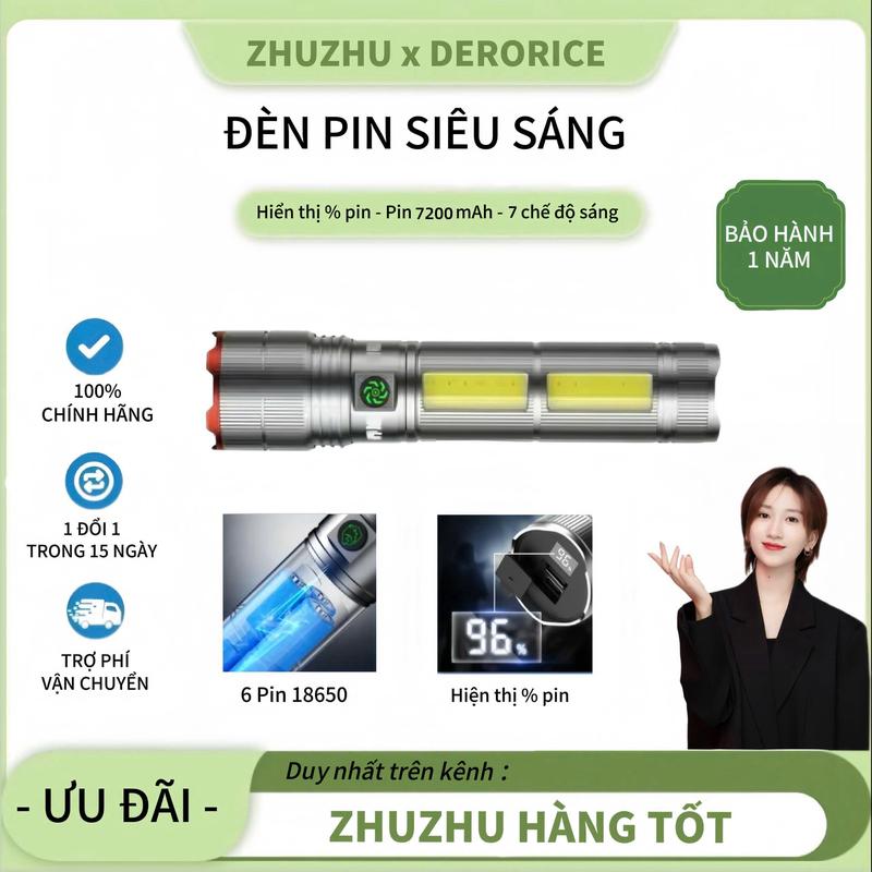 Zhuzhu Đèn pin siêu sáng Derorice - pin Lithium 7200mAh công suất lớn - bốn chế độ sáng - chống nước - có thể thu phóng bằng kính thiên văn - đèn LED hiển thị thông minh light torch