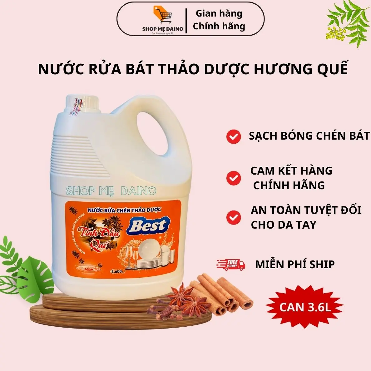 Nước rửa chén bát Best hương quế 3,6Kg - Tẩy sạch dầu mỡ, khử mùi hiệu quả, an toàn cho da tay