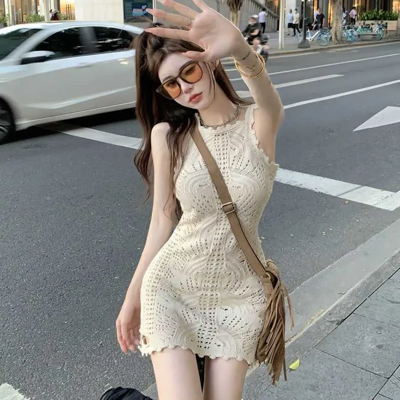 [tube romper skirt]Summer Hot Girl Short Skirt Popular Fashion Casual Design Sleeveless Slim Hollow High-End Knitted Sling Dress Cylindrical Dress