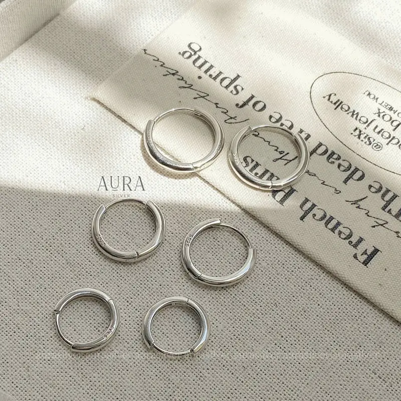 Khuyên tai tròn nam nữ bạc 925, bông tai tròn chốt bấm Hoop size 14-16-18mm-AURA SILVER-KT05 5