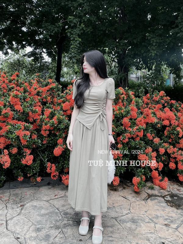 Set Bộ Thun Tăm Tay Bồng Ngắn Tay Cổ Vuông Vạt Chéo Dây Rút Kèm Chân Váy Dài Cùng Màu Có Bigsize Tuệ Minh House SE486 Nữ Women