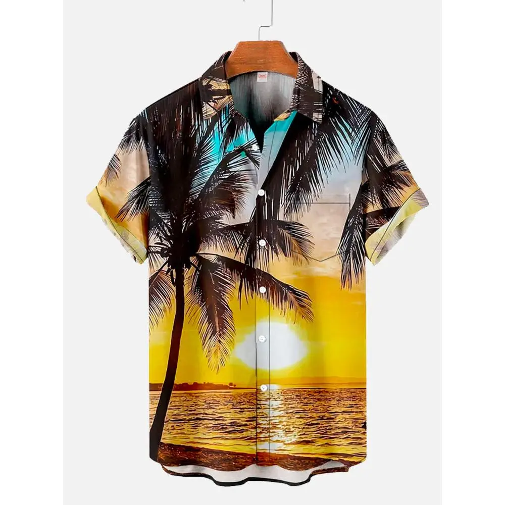 Hawaiian Coconut Tree Pattern Shirt, For Men, Summer Beach Sunset Shirt, Casual Short Sleeve Shirt, Beautiful 3D Printed Shirt