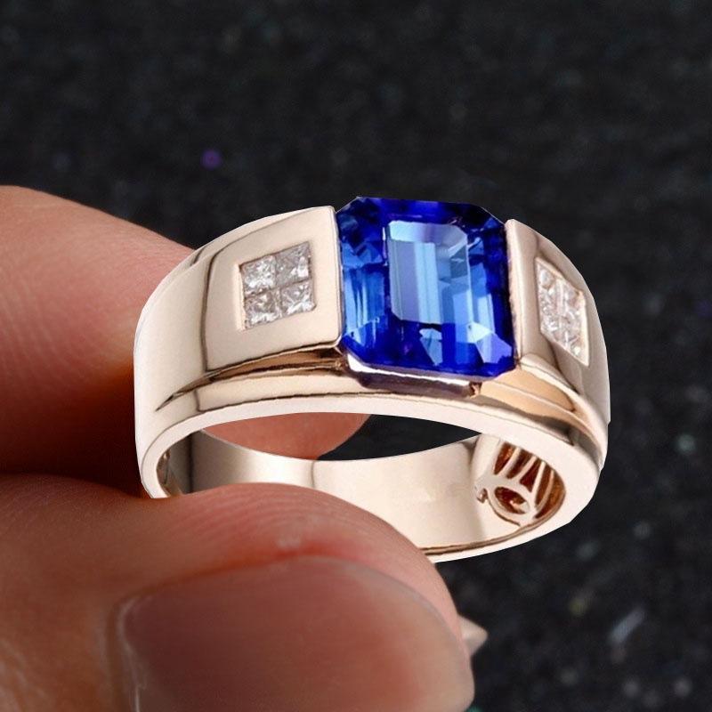 Nhẫn Ngón Tay, Sang Trọng, Vàng Hồng Và Xanh Dương Đá Sapphire, Thép Titan, Pha Lê Zircon, Dành Cho Nam Giới, Trang Sức Thời Trang