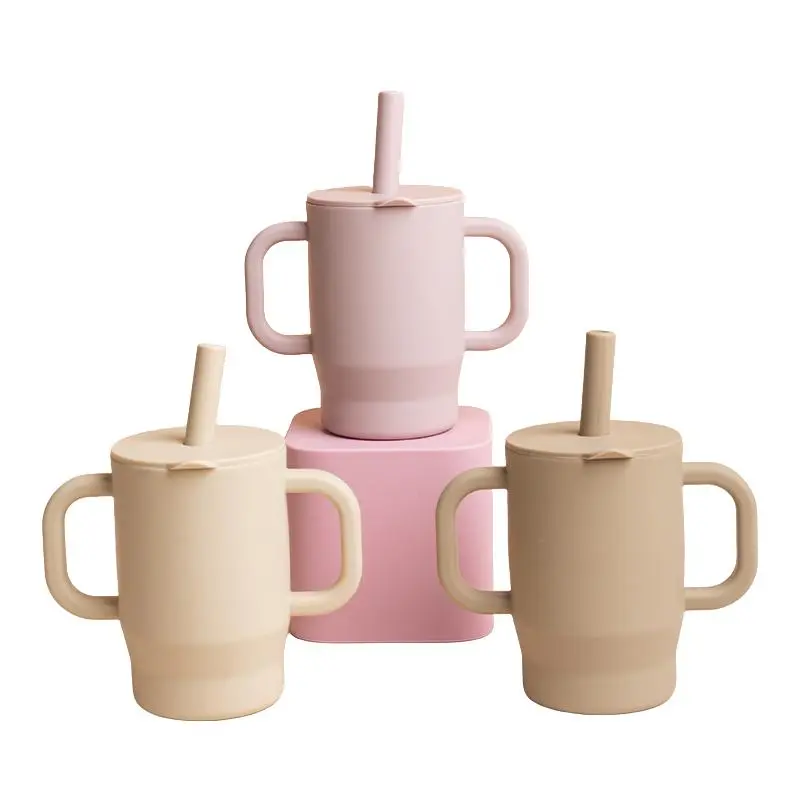 Silicone Training Cup with Straw Cap & Double Handles, 1 Count Baby Drinking Cup, Suitable for Infants and Toddlers, Valentine's Day Gift, Baby Essentials