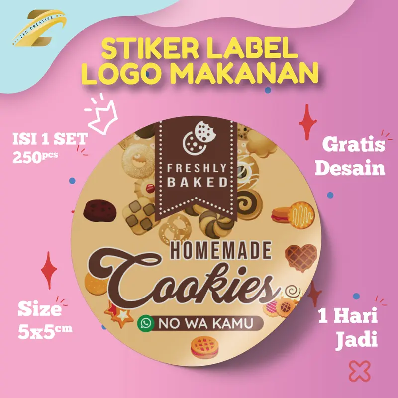 [ Bulat 5 cm Isi 250 pcs ] Paket Stiker Label Kemasan Makanan Custom Logo dan Gratis Desain Proses 1 Hari Jadi 0